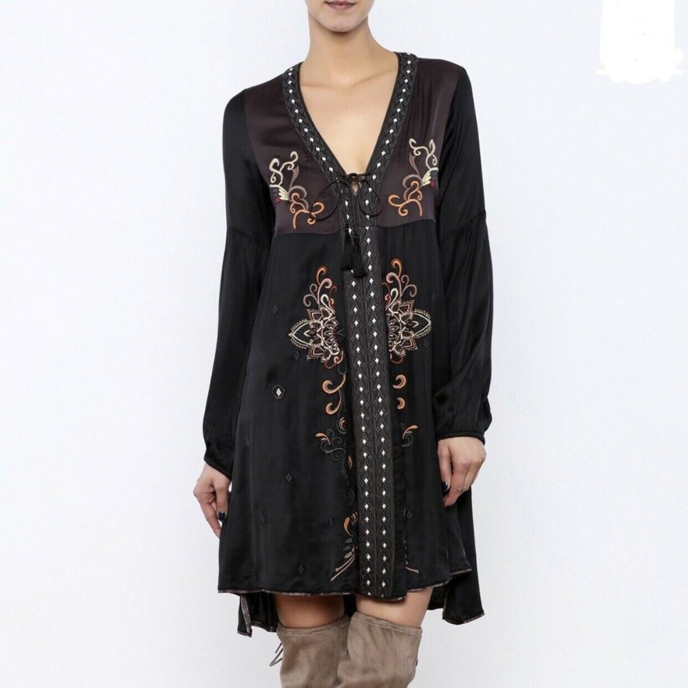 Odd Molly Black Long Sleeve Embroidered Tunic Dress with Bronze Accents